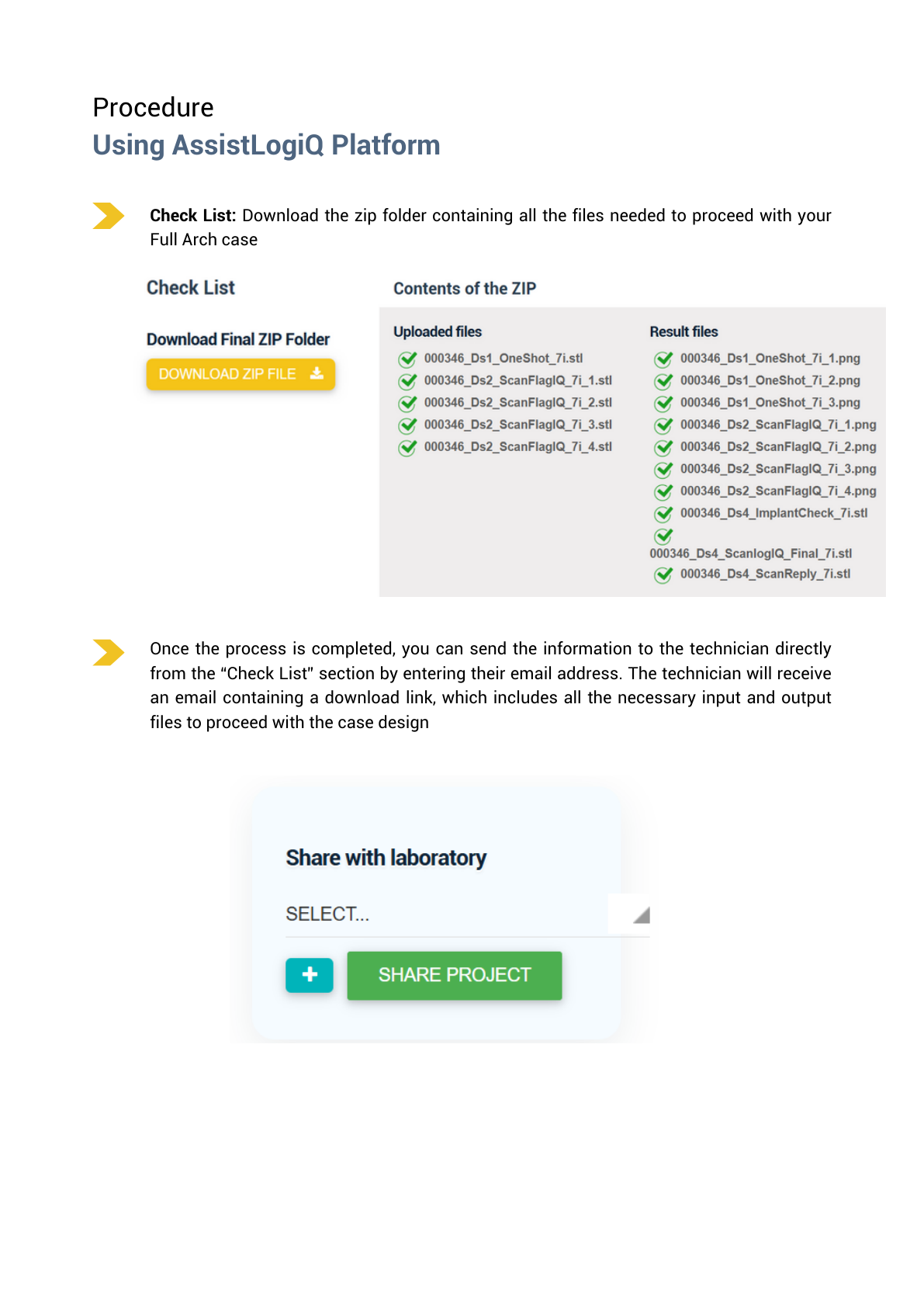 AssistLogiQ – Check List: stažení ZIP a sdílení s laboratoří
