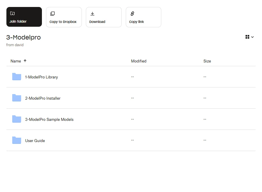 Sdílená složka 3-Modelpro s knihovnami, instalátorem a uživatelskou příručkou