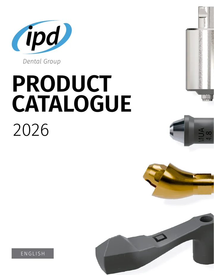 Obálka IPD Product Catalogue 2026 - katalog protetických komponent na zubní implantáty