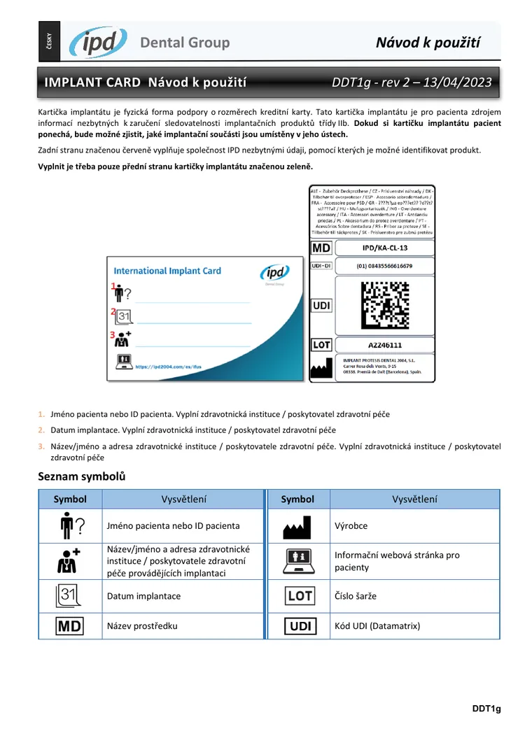 První strana dokumentu Implant Card · návod k použití